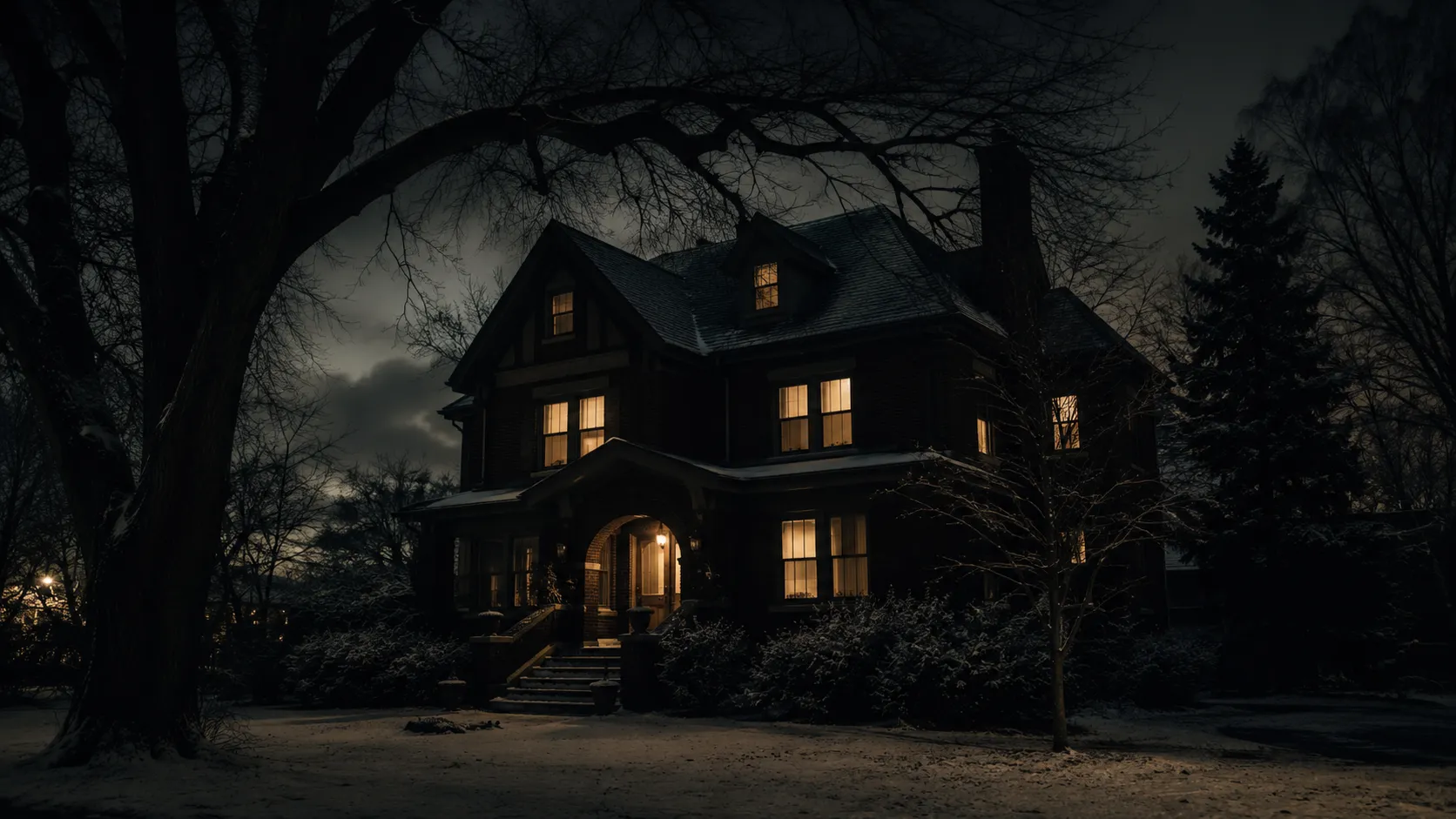 A large older home at night in winter with warm-lit windows and bare trees, used as symbolic cover art for the JonBenét Ramsey ransom note case.