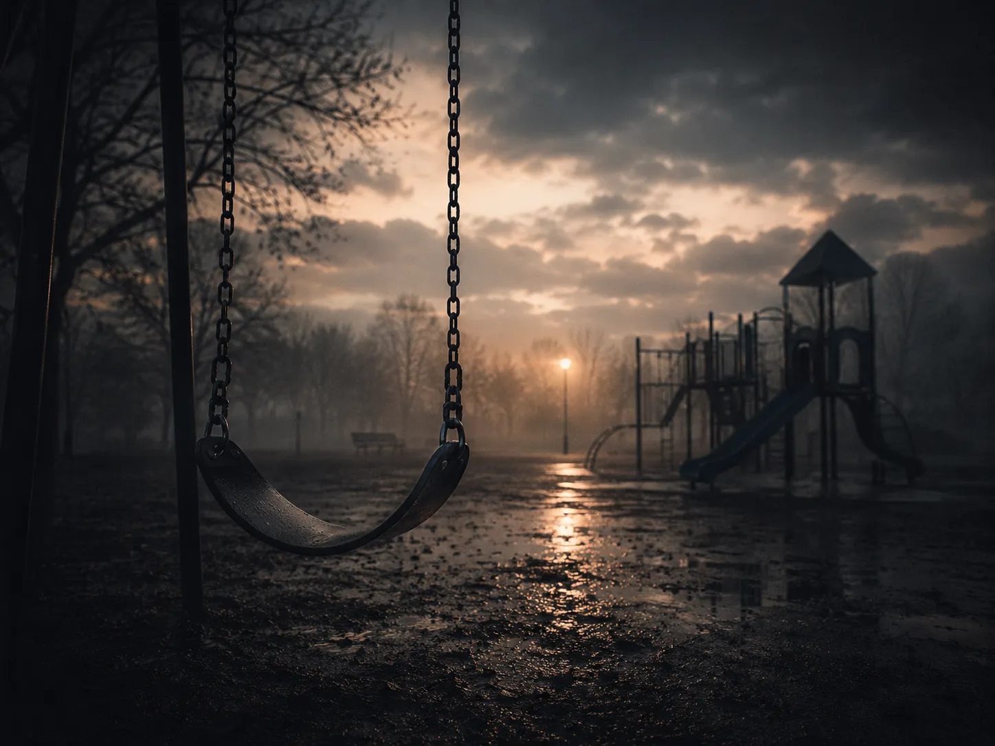 An empty playground at misty twilight, used as symbolic cover art for the Adam Walsh case.