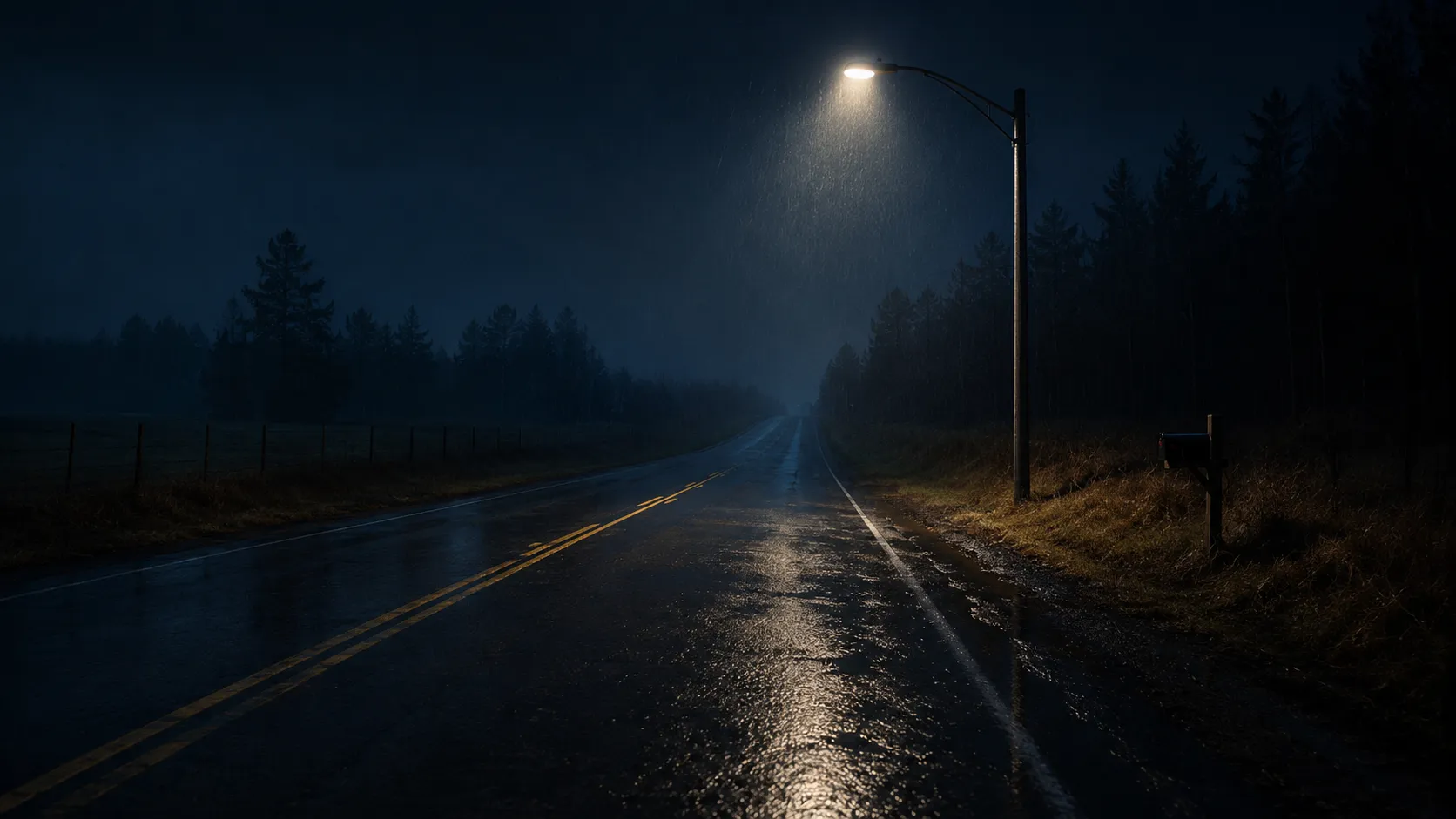 A rain-slicked rural road at night beneath a single streetlight, used as symbolic cover art for the Asha Degree case.