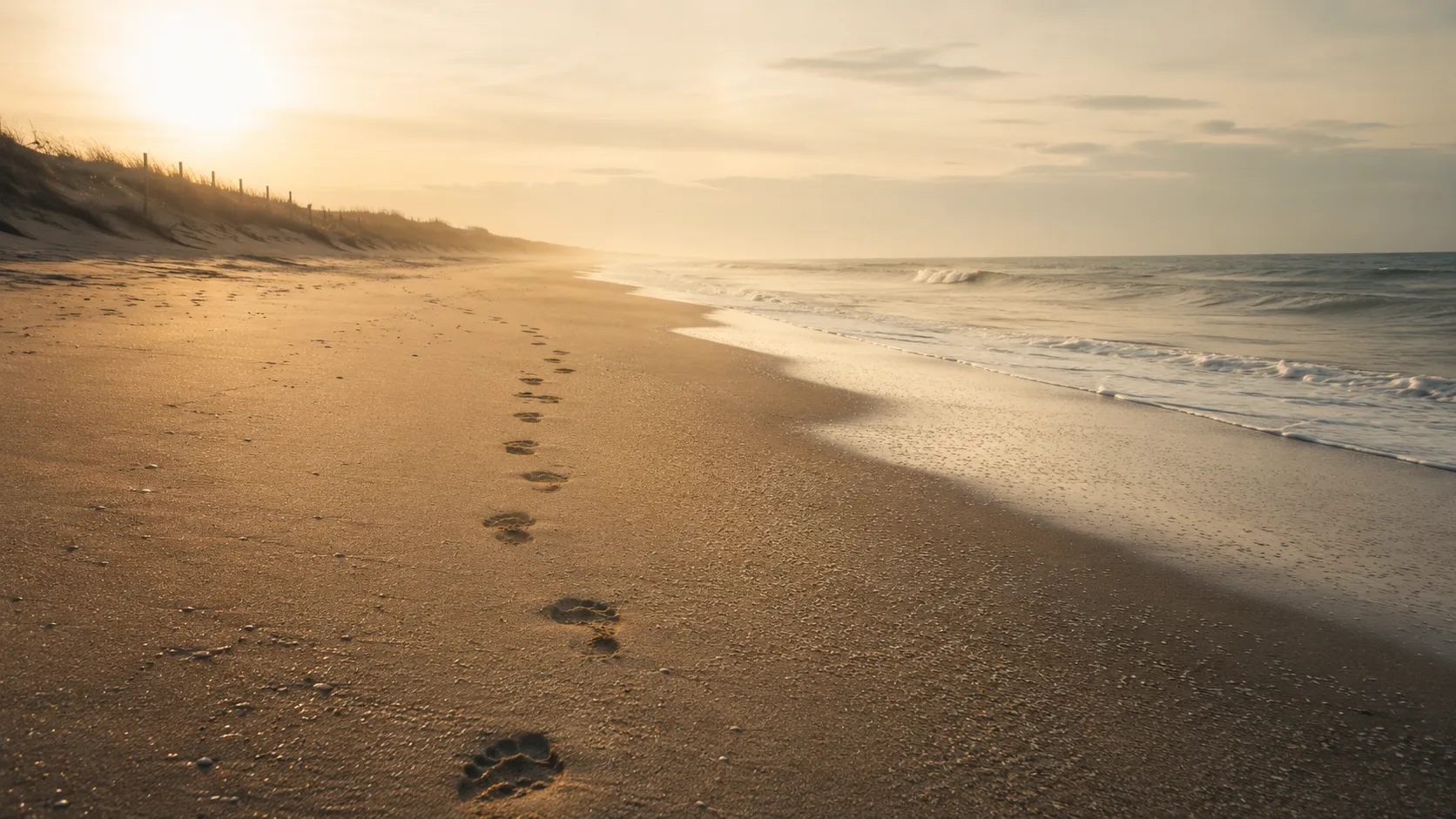 A quiet beach at sunset with a line of footprints in the sand near the water, used as symbolic cover art for the Beaumont children case.
