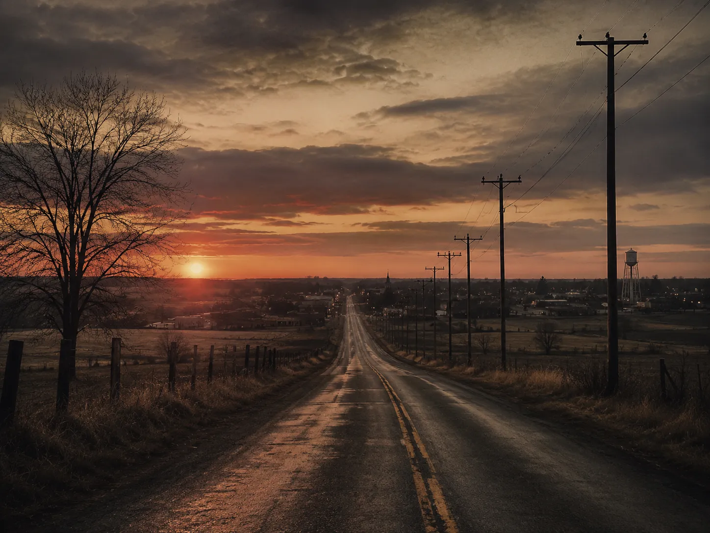 A rural road at dusk leading toward a distant town, used as symbolic cover art for the Brandon Swanson case.