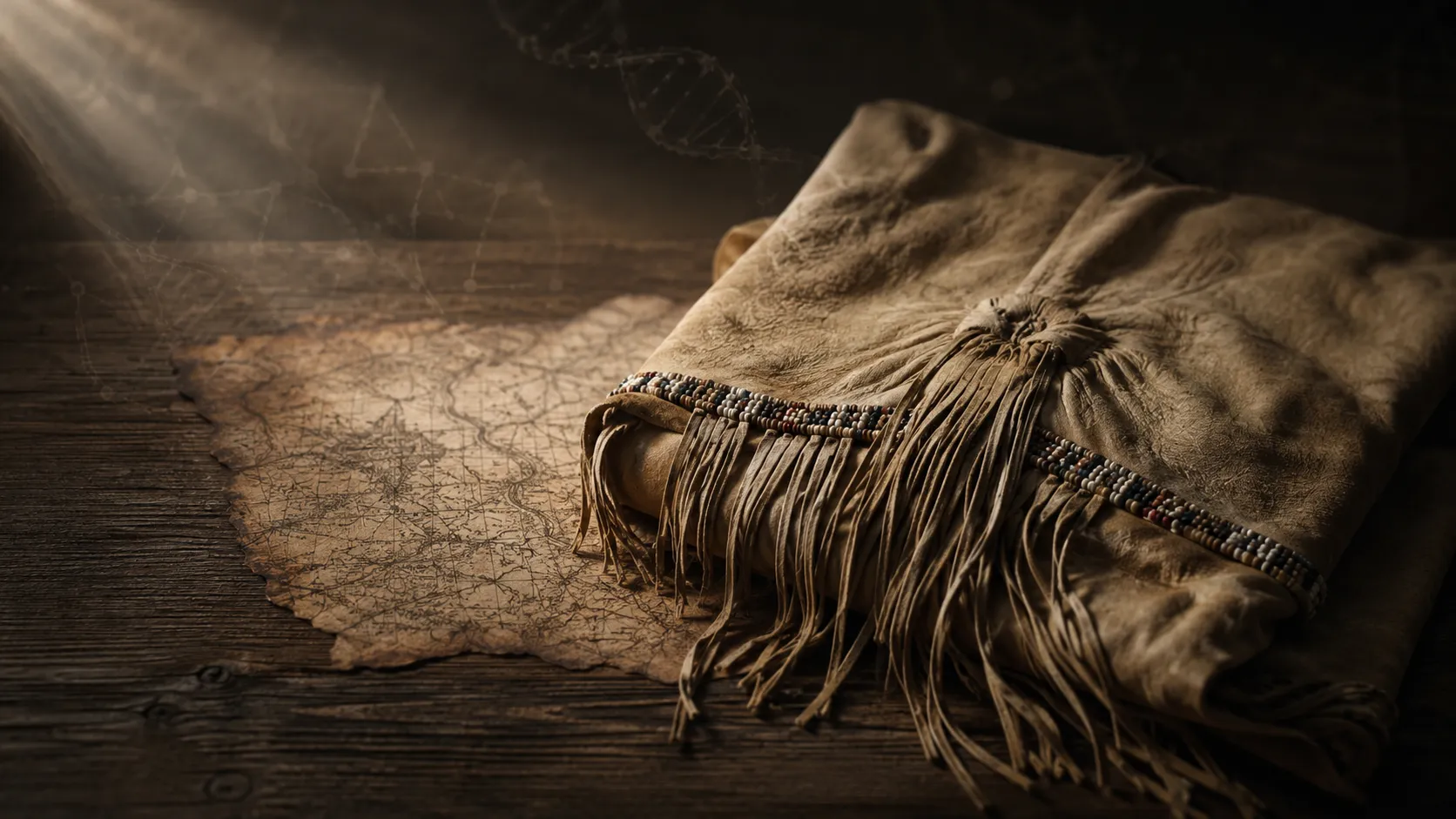 A fringed buckskin garment resting on an aged map in soft light, used as symbolic cover art for the Buckskin Girl case.