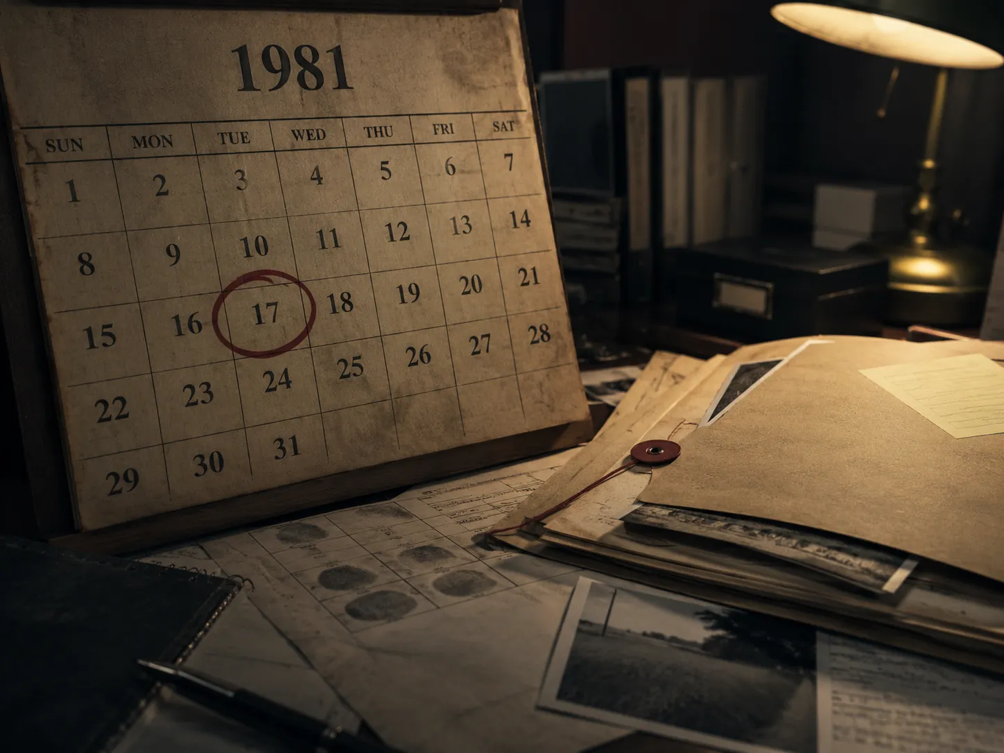 An old calendar and investigation files on a worn desk, used as symbolic cover art for the Carla Walker cold case.