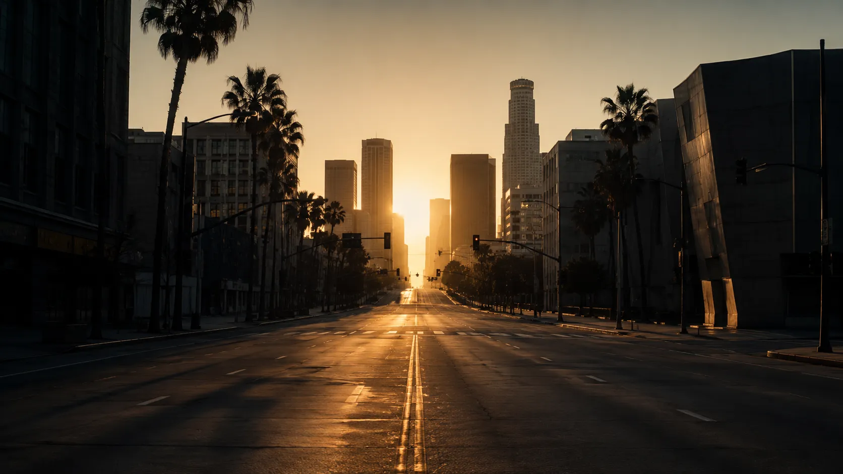 An empty Los Angeles street at first light with long shadows and low sun, used as symbolic cover art for the Night Stalker capture.