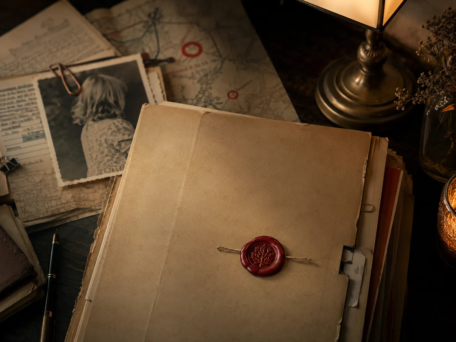 A sealed archival case folder on a vintage investigation desk, used as symbolic cover art for the Colin Pitchfork case.