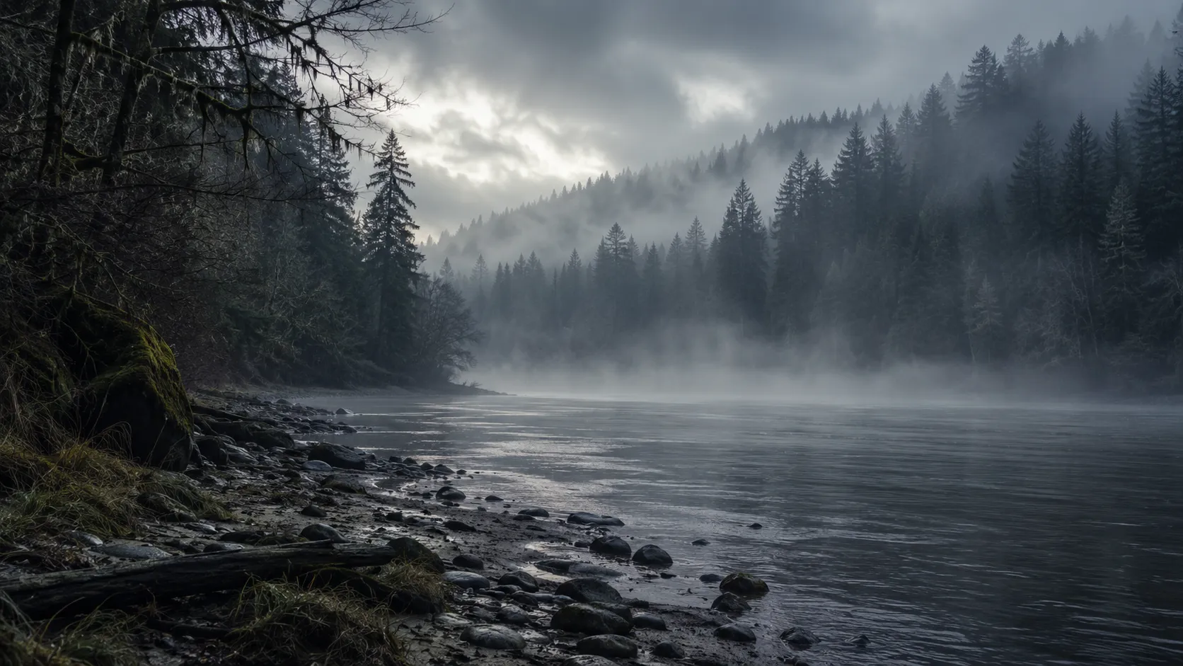 A foggy Pacific Northwest riverbank at dawn bordered by dense evergreen forest, used as symbolic cover art for the Green River Killer case.
