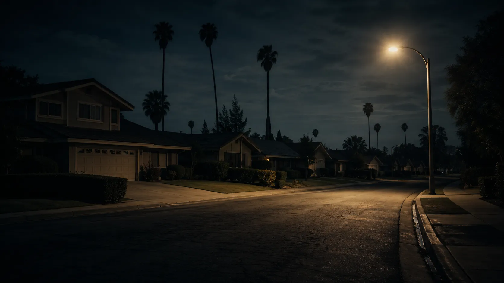 A quiet California-style suburban street at night beneath a single streetlight, used as symbolic cover art for the Golden State Killer case.