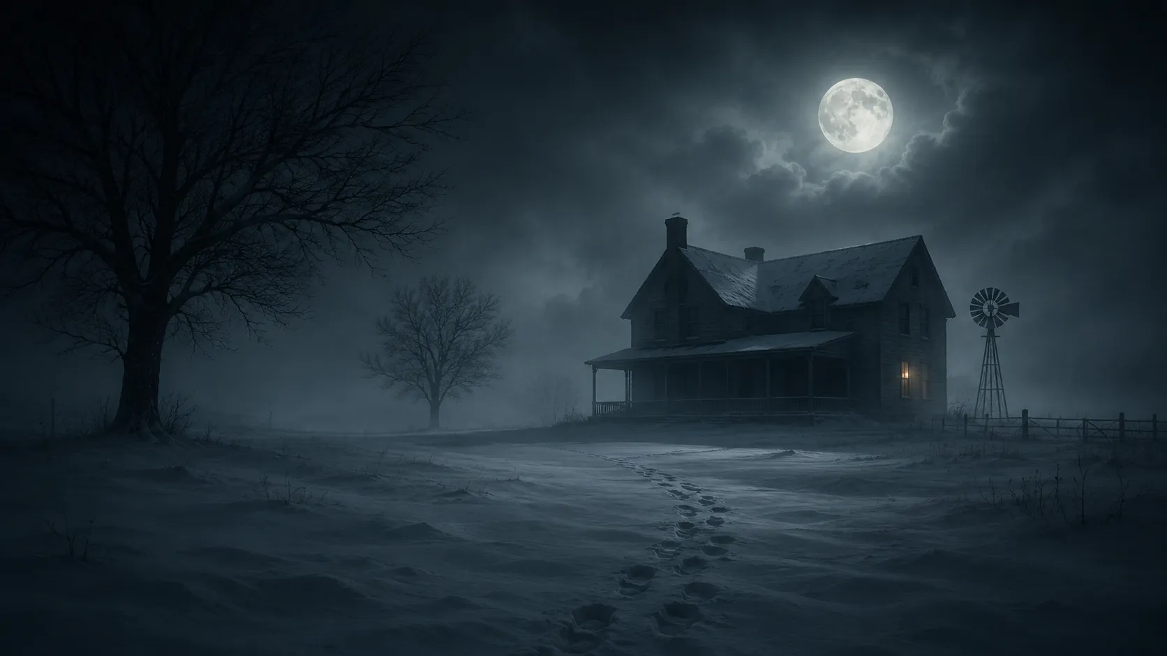 A moonlit, snow-covered farmstead at night with footprints leading toward the house, used as symbolic cover art for the Hinterkaifeck murders.