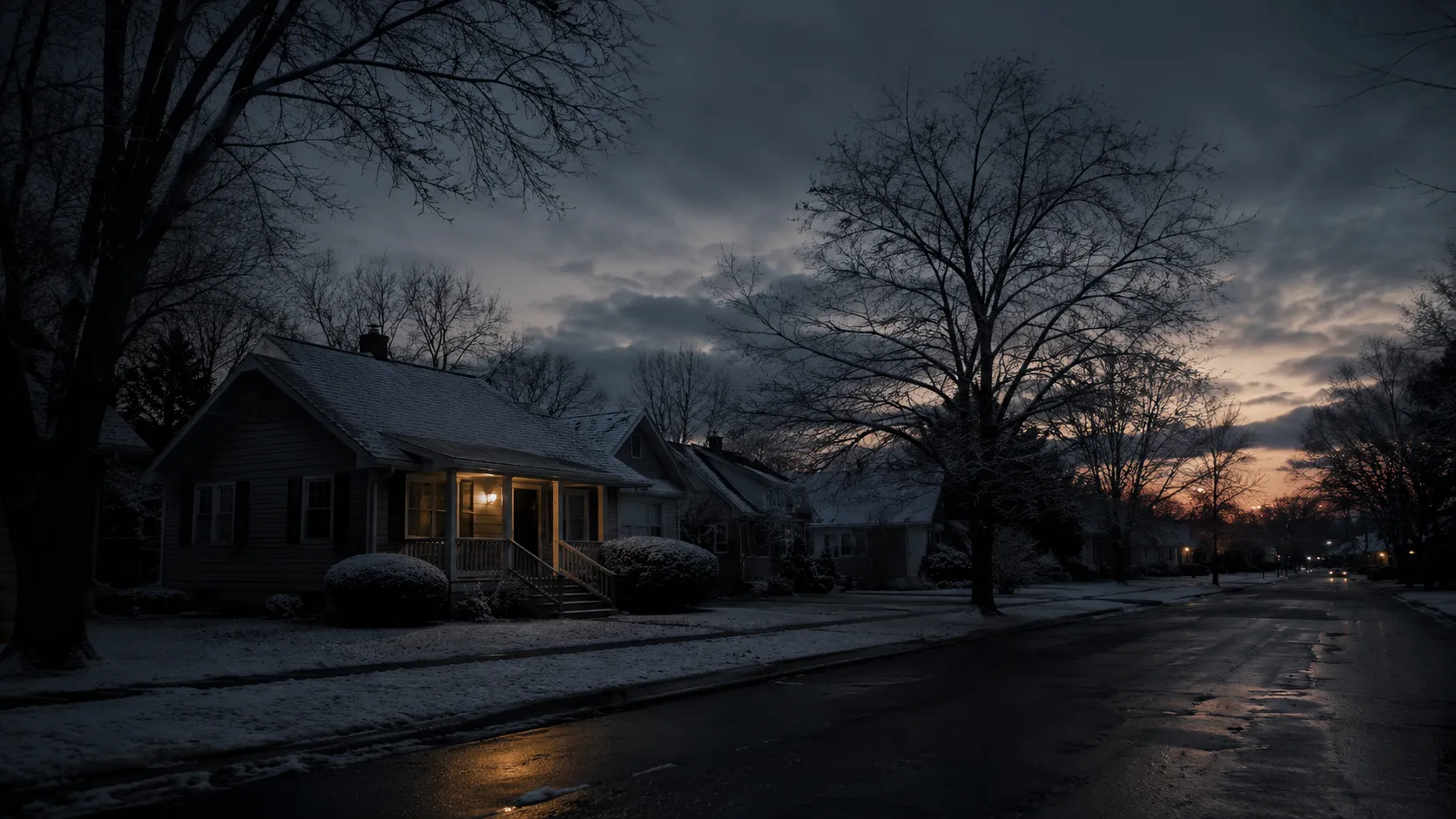 A quiet snow-dusted residential street at dusk with a single porch light glowing, used as symbolic cover art for the Jonelle Matthews case.