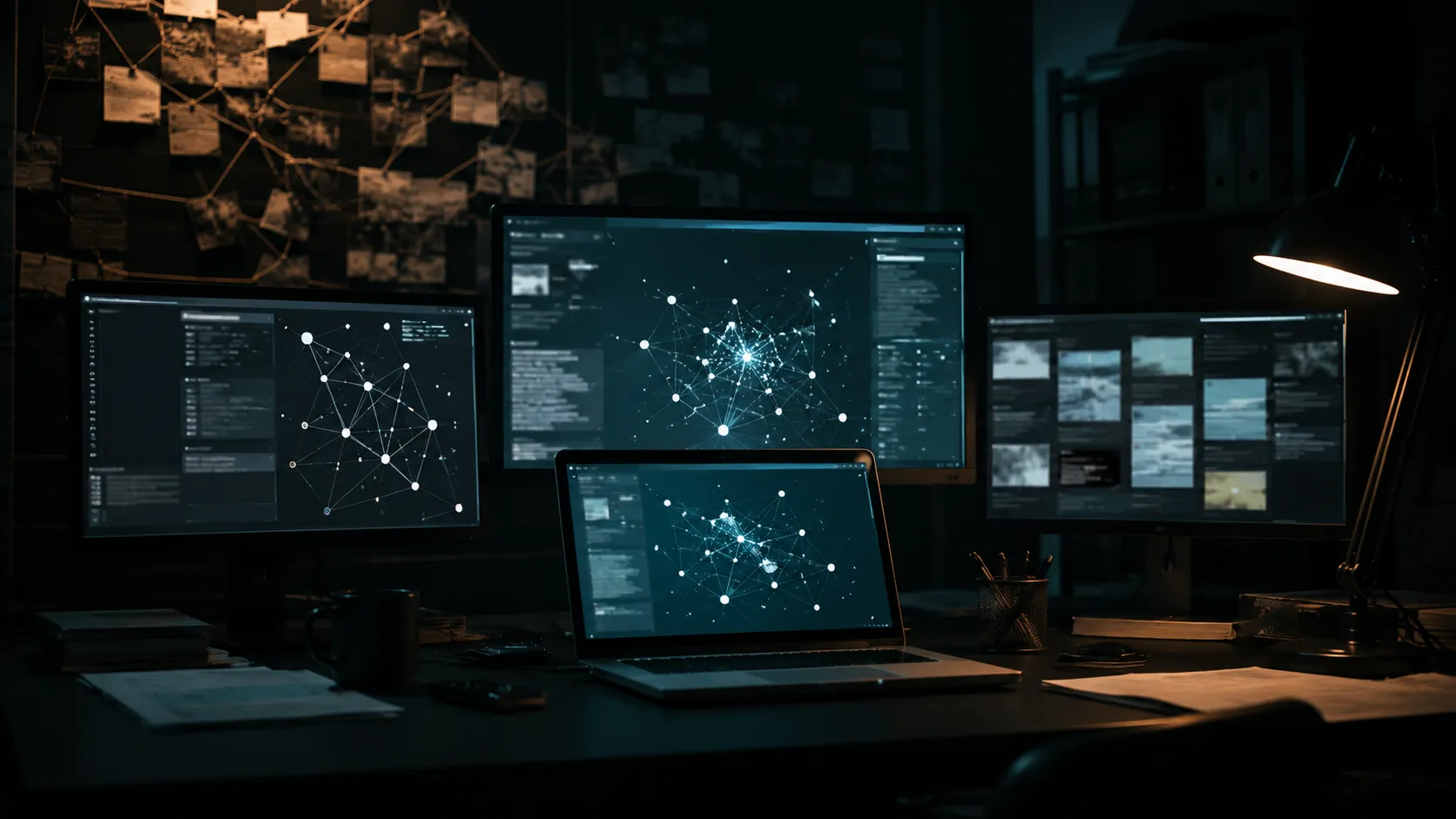 A dark desk workspace lit by screens showing network and link diagrams, used as symbolic cover art for the Luka Magnotta case.