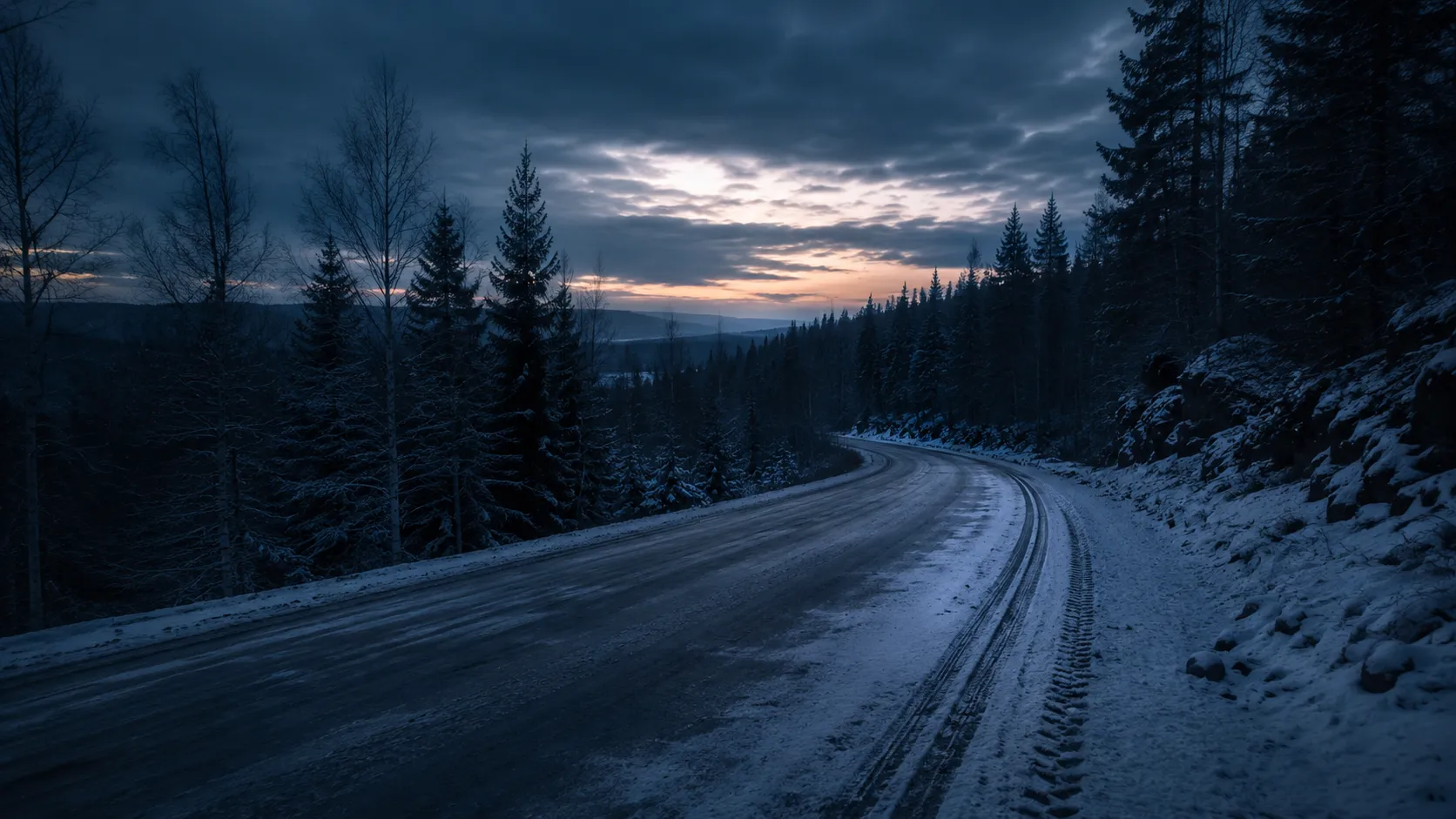 A snow-dusted forest road curving into the dusk, used as symbolic cover art for the Maura Murray case.
