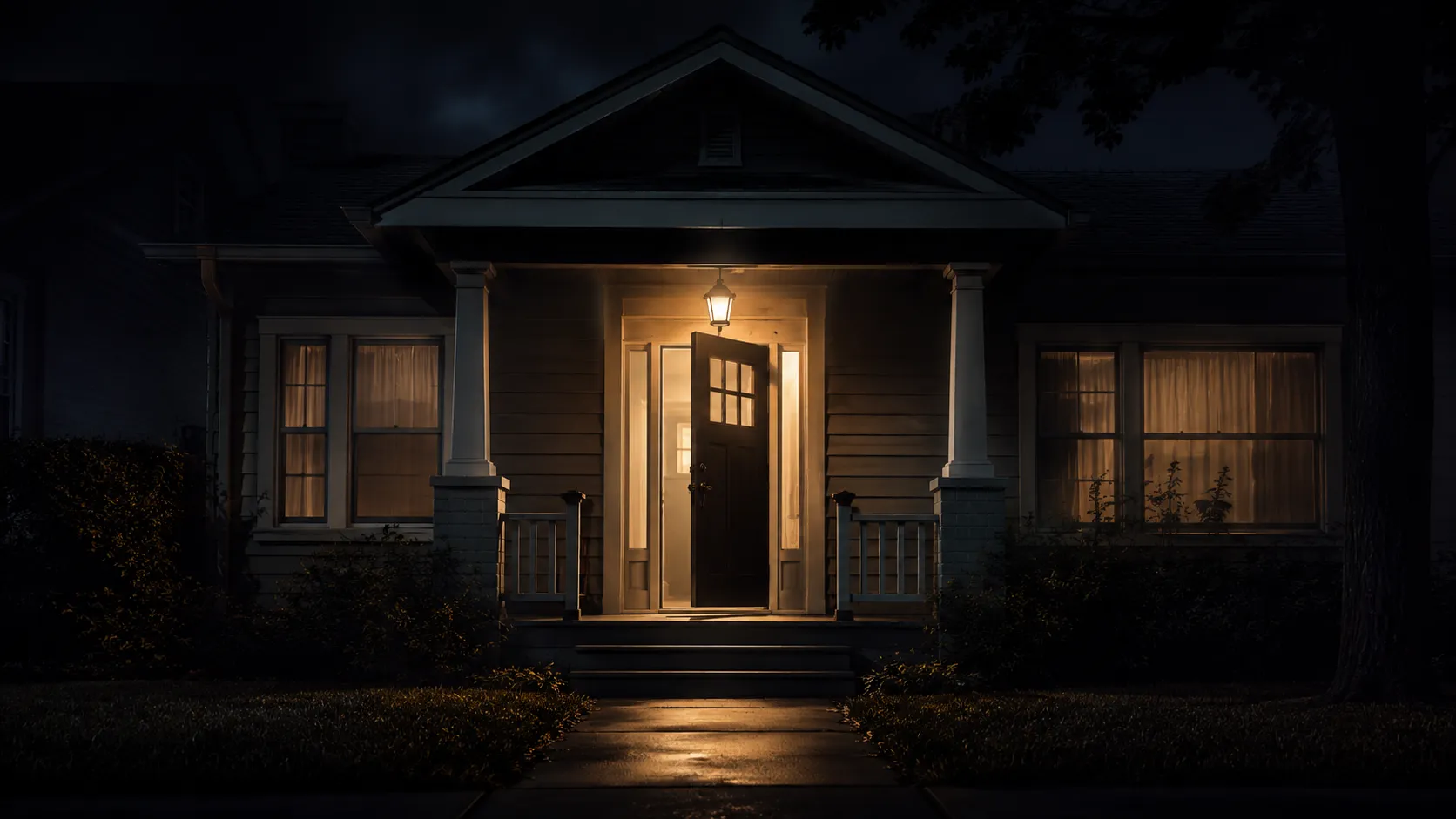 A suburban home at night with a warmly lit front entrance, used as symbolic cover art for the Springfield Three case.