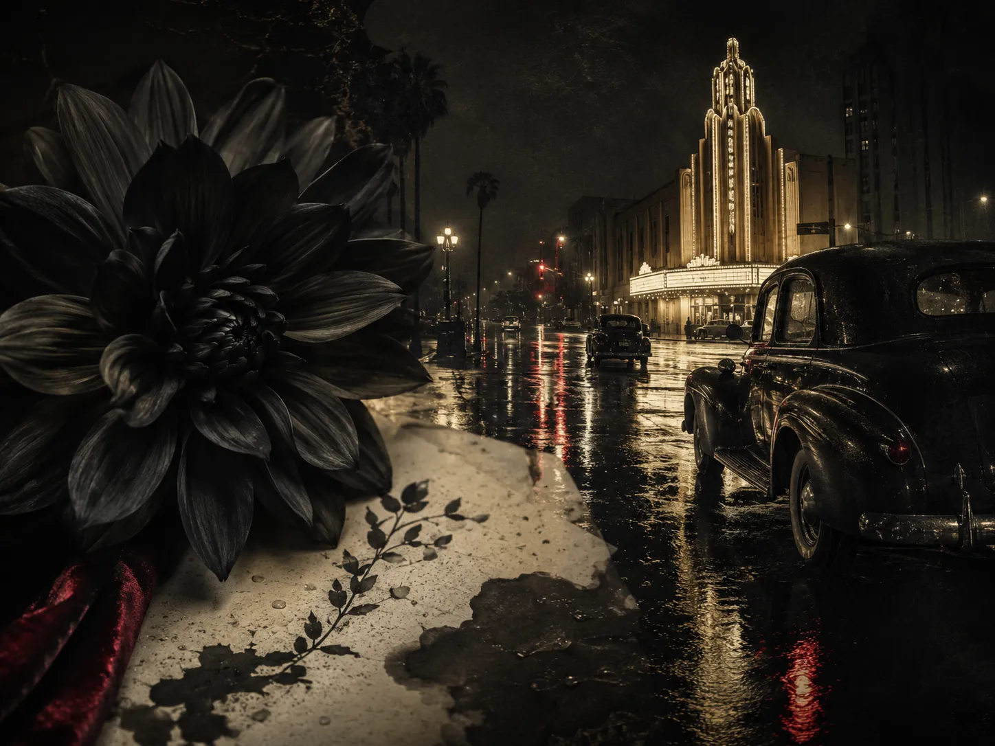 A dark flower and rain-soaked noir city street, used as symbolic cover art for The Black Dahlia.