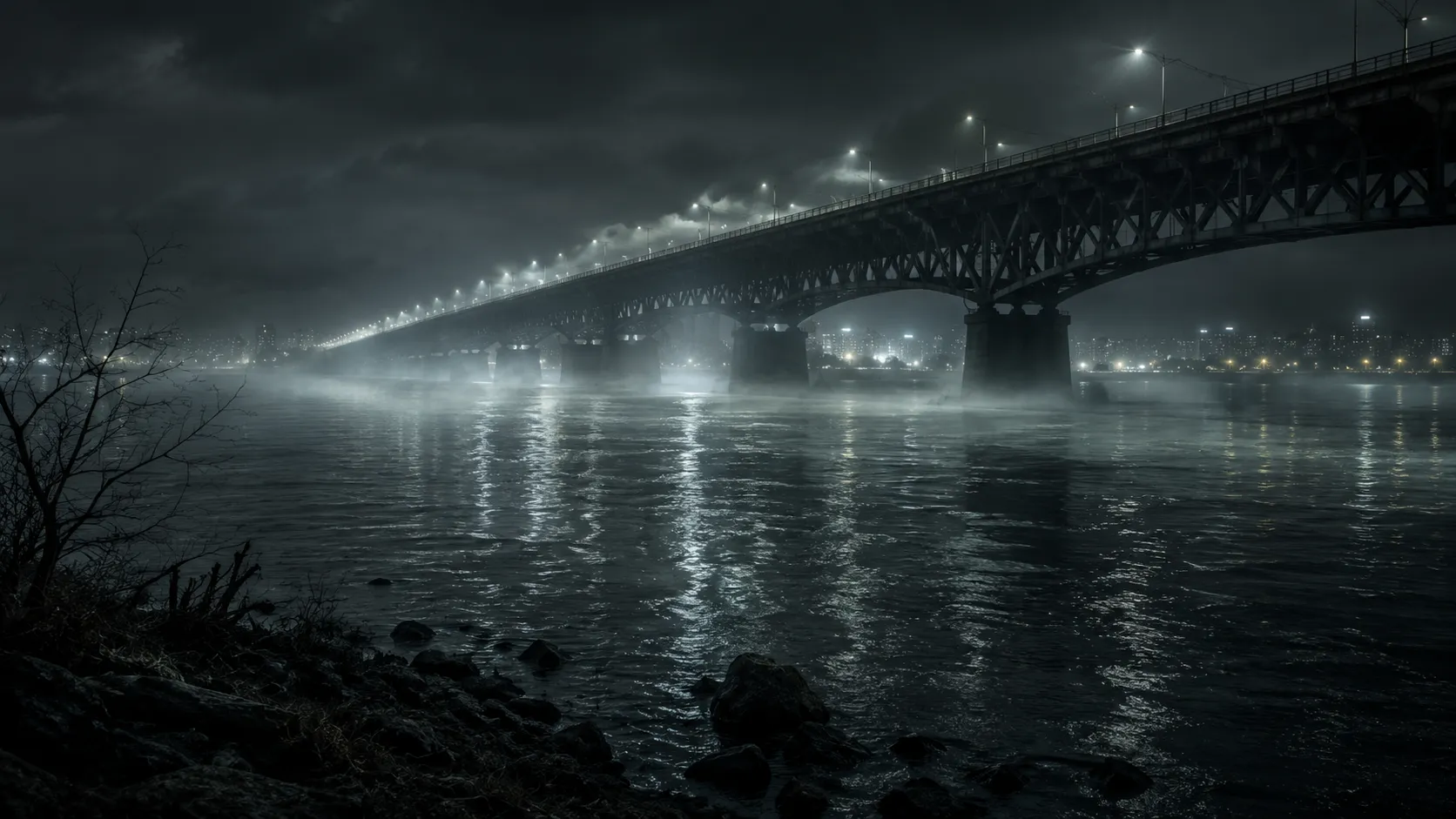 A long bridge over a dark misty river at night with distant city lights, used as symbolic cover art for the Wayne Williams fiber evidence case.