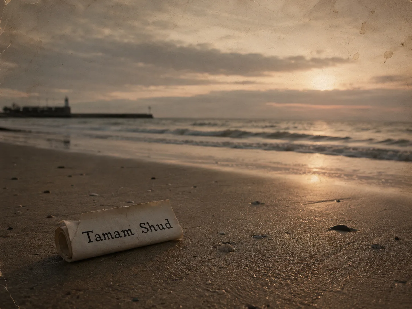 A dusk beach scene with a small paper note, used as symbolic cover art for the Somerton Man mystery.