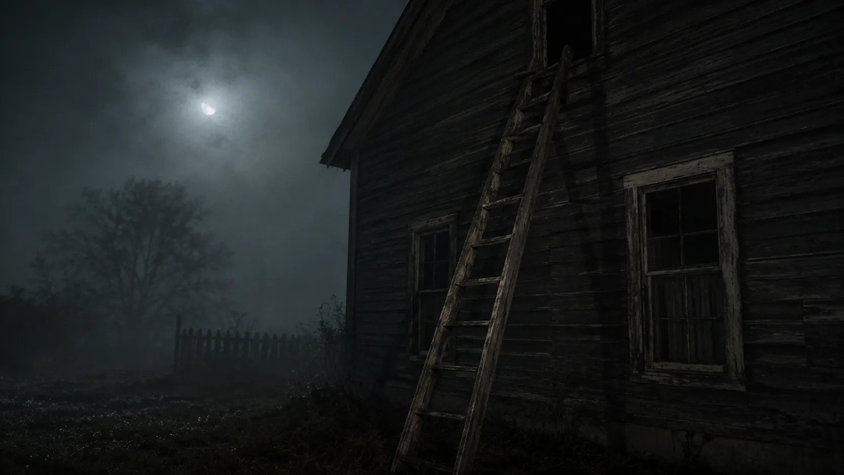 A weathered wooden ladder leaning against a dark rural farmhouse at night, used as symbolic cover art for the Lindbergh kidnapping case.