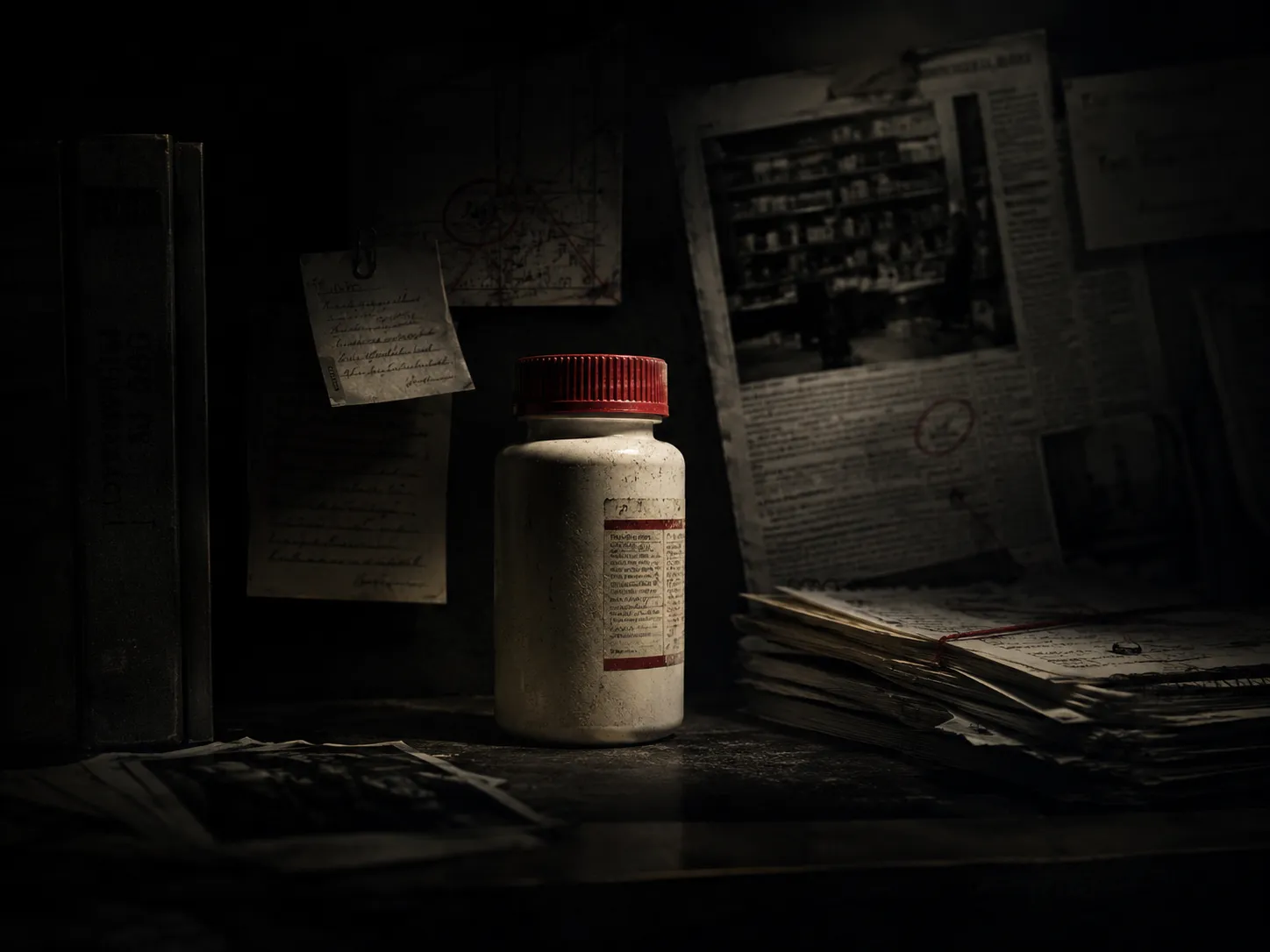 Moody still life of a capped medicine bottle lit on a dark desk amid faded newspaper clippings.