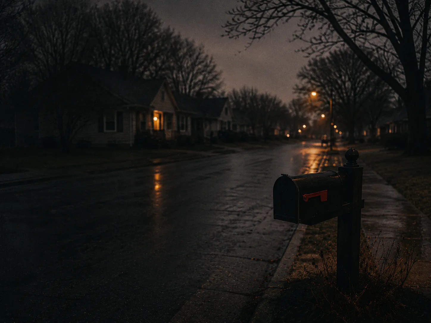 A quiet residential street at dusk, used as symbolic cover art for the April Tinsley case.