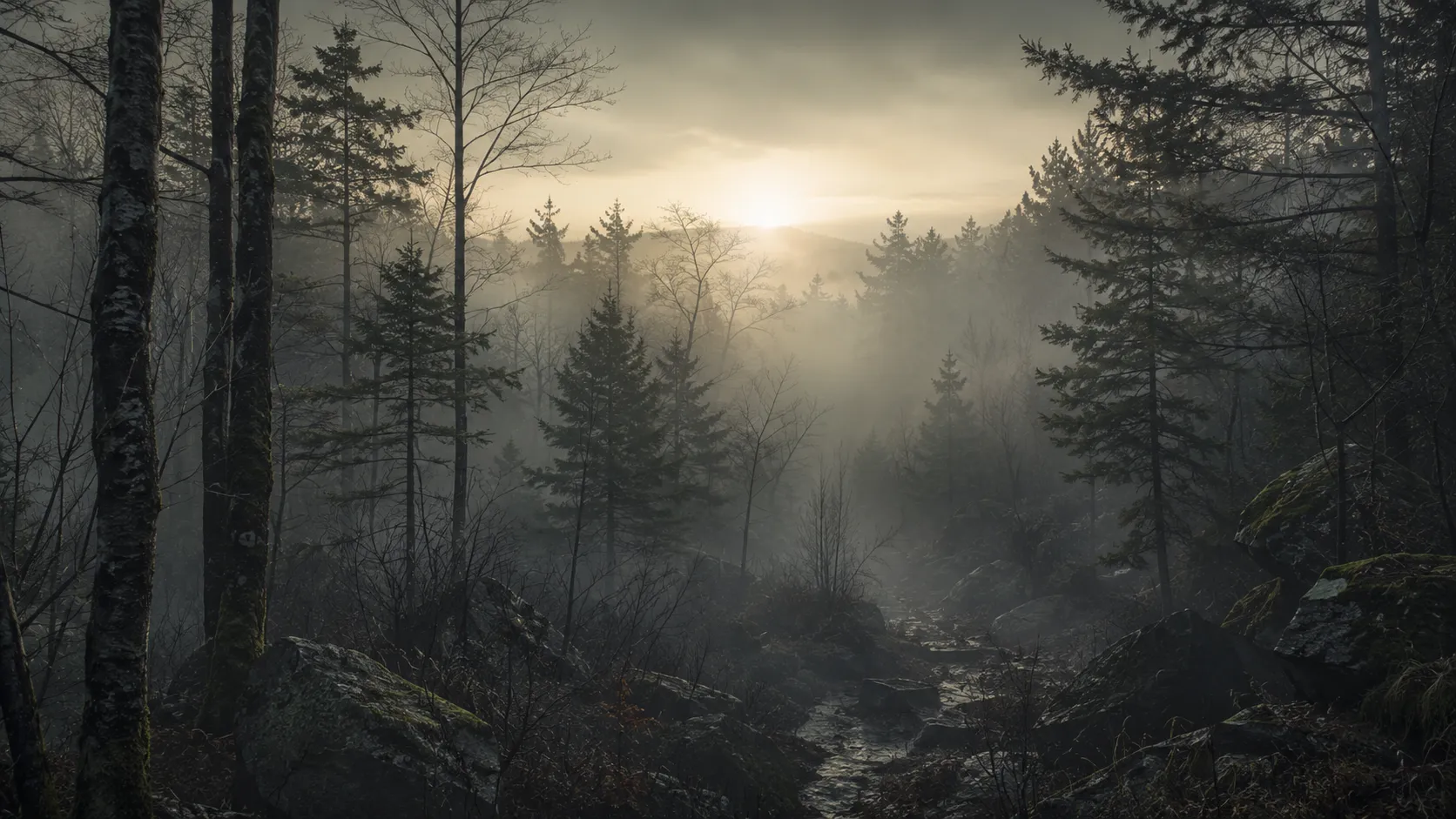 A misty evergreen forest at dawn, used as symbolic cover art for the Bear Brook murders.