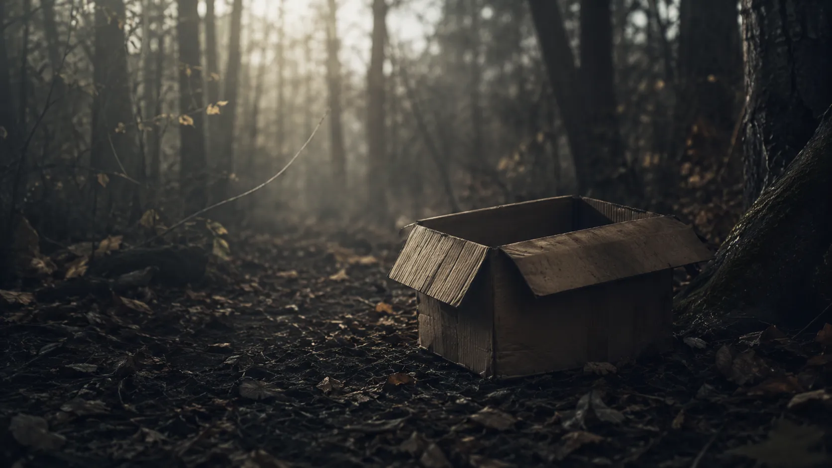 An empty, weathered cardboard box on the floor of a misty forest, used as symbolic cover art for the Boy in the Box case.