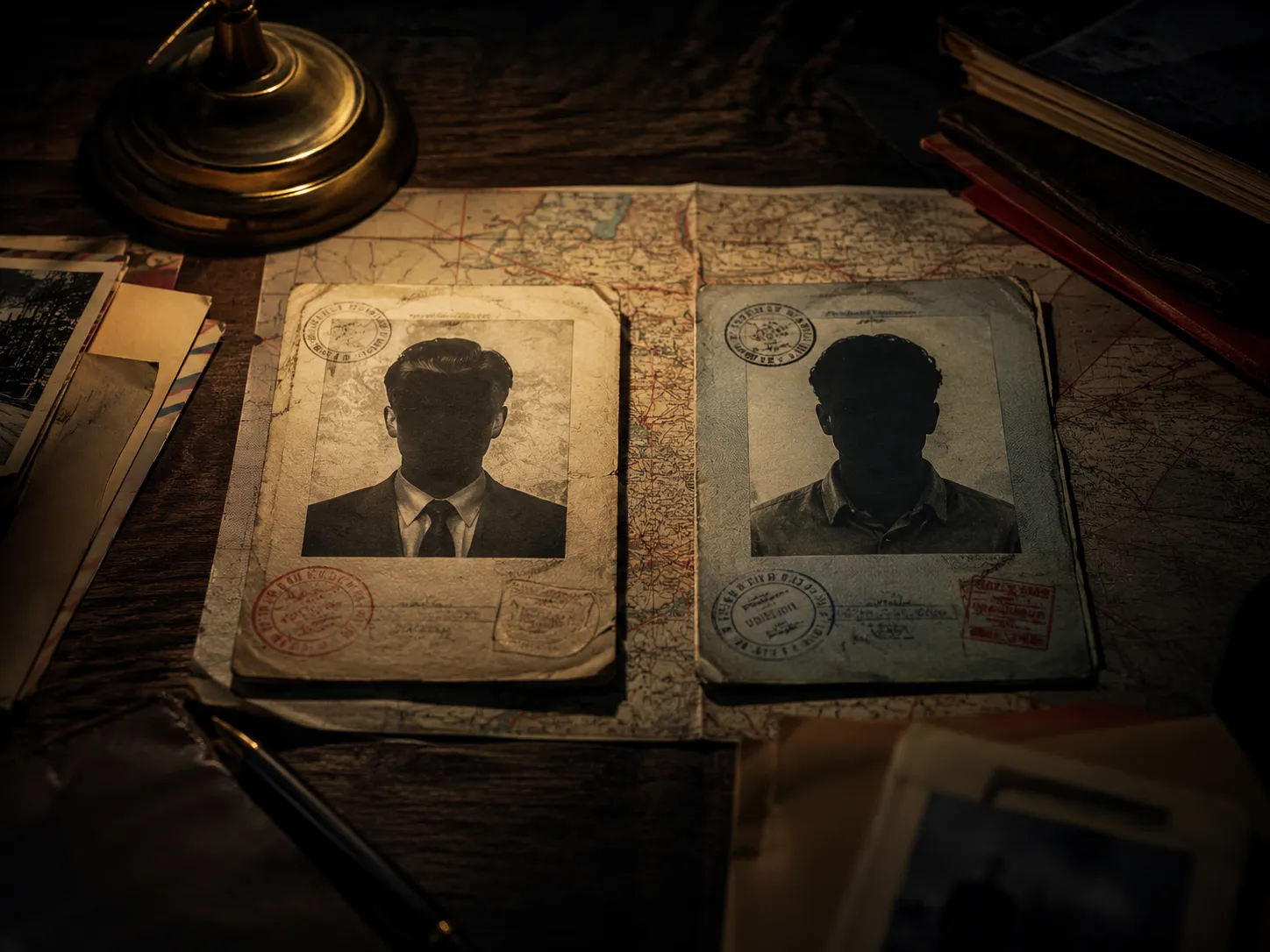 Two shadowed identity documents laid over a map, used as symbolic cover art for the BTK case.