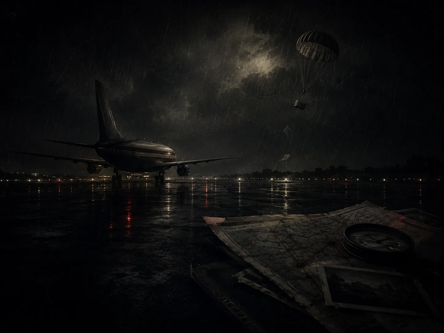 Cinematic night scene of an airliner on a rain-slicked tarmac, with a parachute descending against a dark sky.
