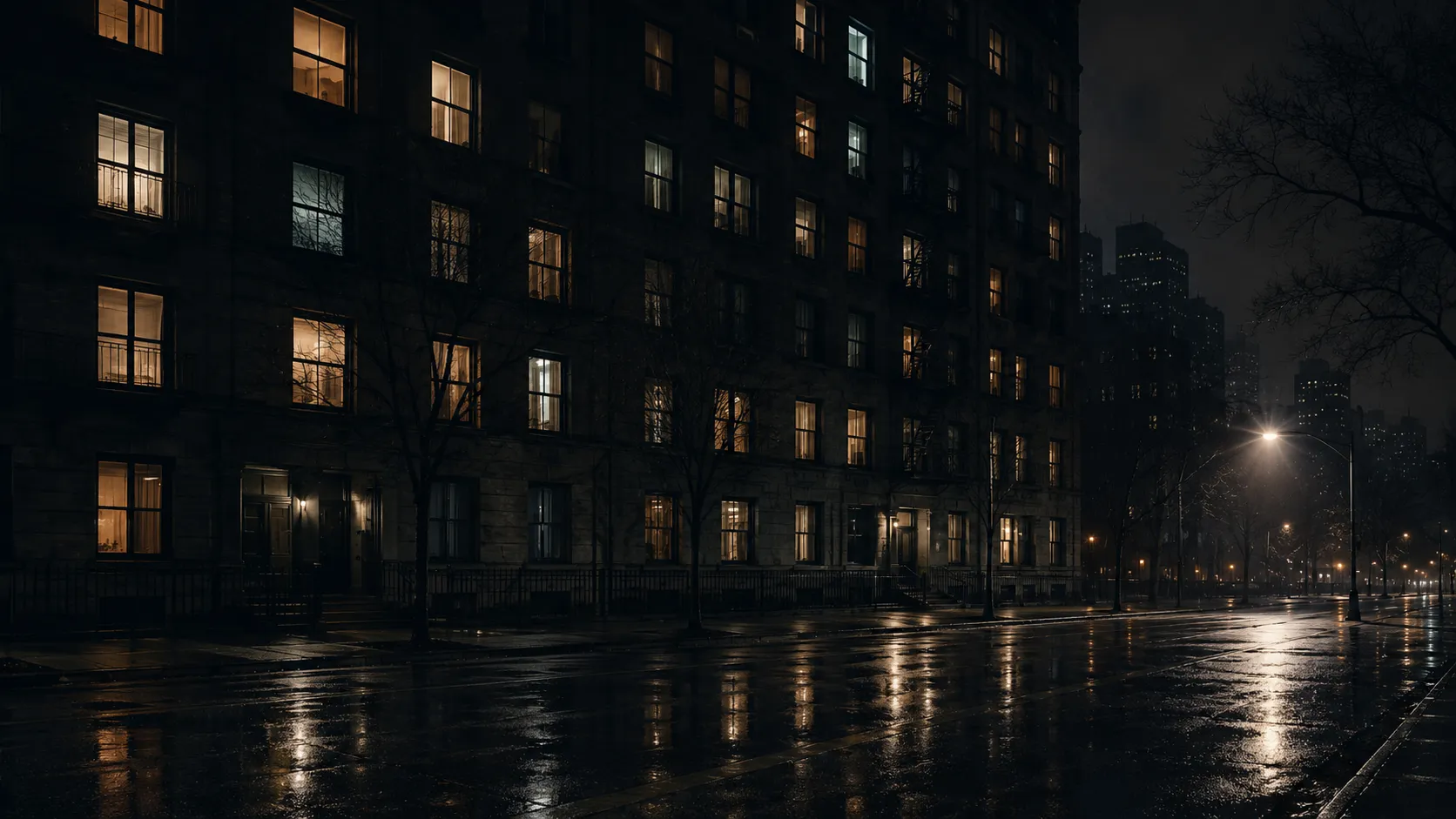 A dark city apartment building at night with scattered lit windows above an empty wet street, used as symbolic cover art for the Kitty Genovese case.