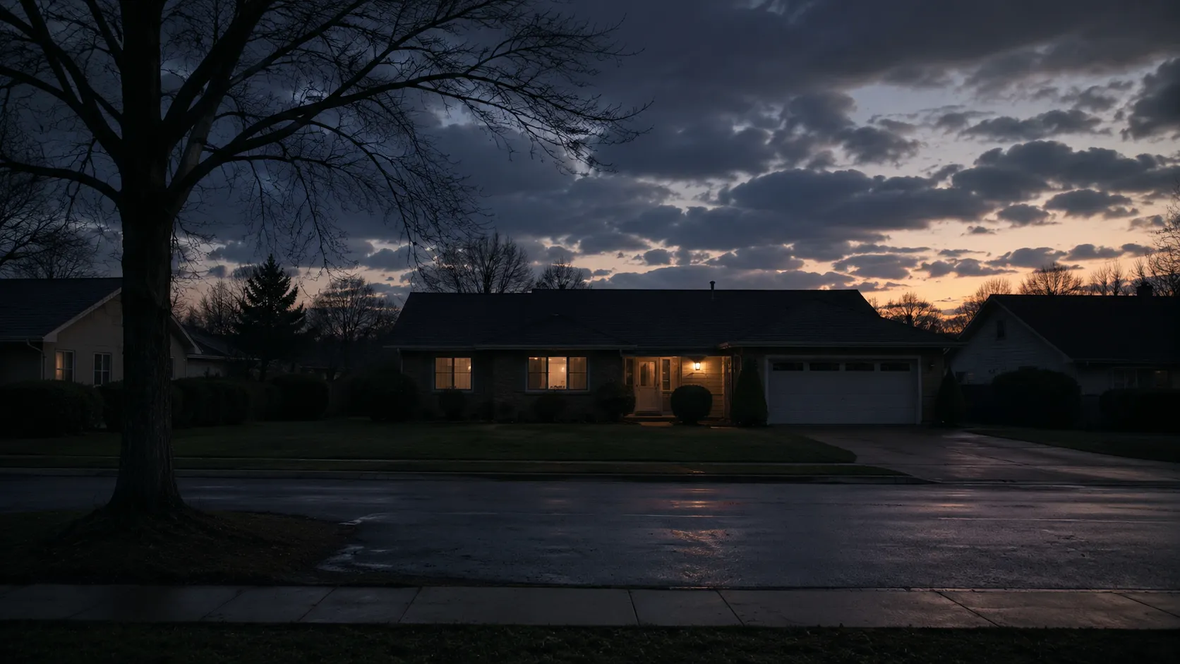 A suburban house at dusk with a single warmly lit doorway, used as symbolic cover art for the Megan Kanka case.