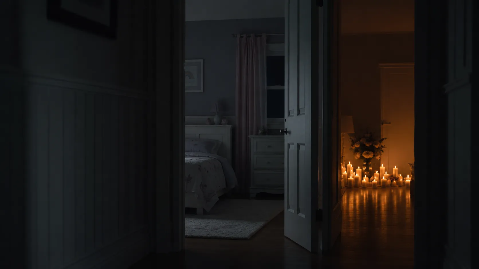 A dim hallway opening onto a child's bedroom, with candles glowing in an adjoining room, used as symbolic cover art for the Polly Klaas case.