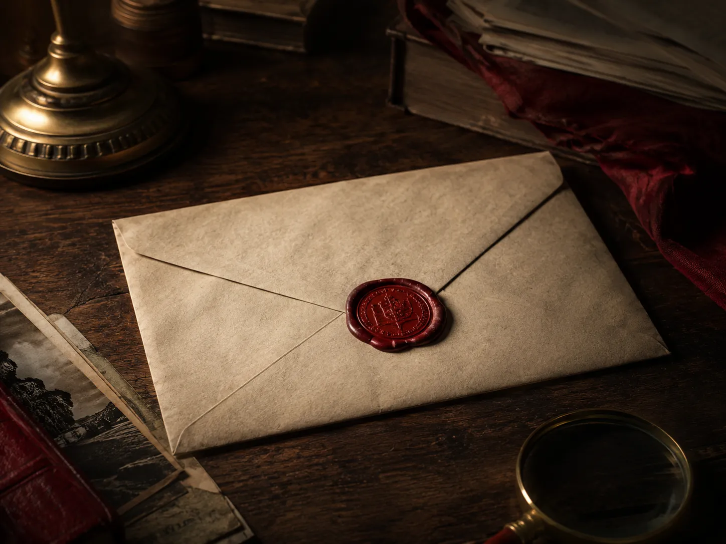 A wax-sealed envelope resting on a vintage desk, used as symbolic cover art for the Sherri Rasmussen case.