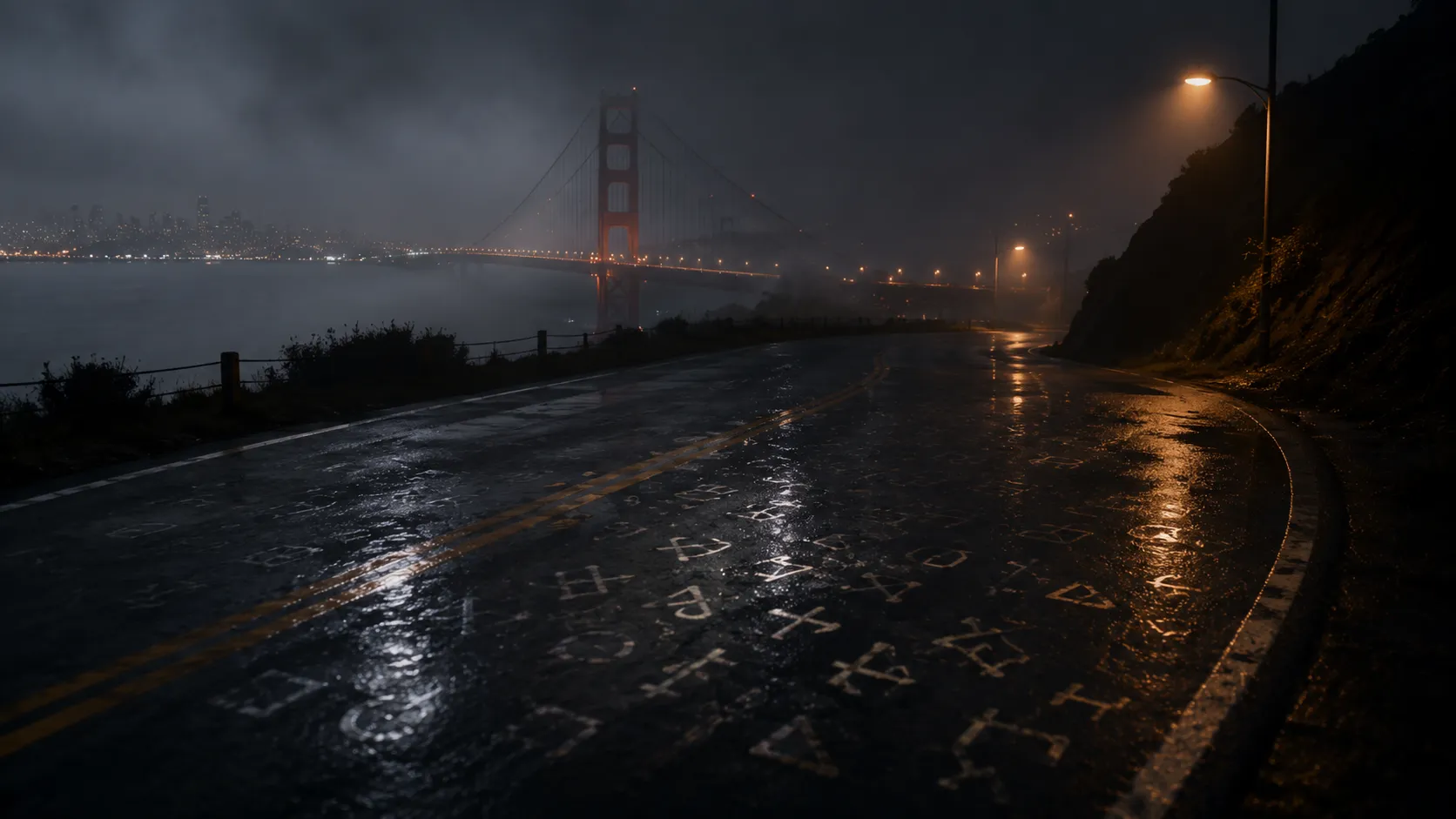 A foggy coastal road at night marked with faint cipher-like symbols, used as symbolic cover art for the Zodiac Killer case.